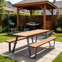 Ensemble de table de pique-nique minimaliste sans dossier en lattes de bois avec structure en acier galvanisé pour espace de travail moderne ou parc d'entreprise