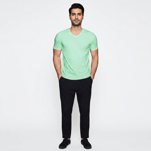 T-shirt à col en V pour homme, col rond, fitness, couleur unie, uni, manches courtes, unisexe, 250 GSM, coton lourd, tricot doux, uni, blanc, col en V - Product Image 1