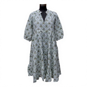 Women's Vintage Eco-Friendly Comfortable Breathable Washable Indian Floral Puff Sleeve V-Neck Professional Midi Knitted A-Line - Product Image 1