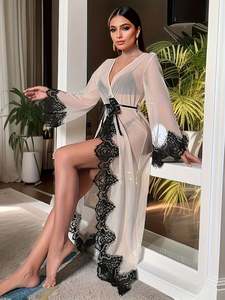 Sfy-y5125 2025 New Sexy Woman Roba Seduction See-through Mesh Maxi Long Kimono Bayhrobe Contrast Black Lace Pajama Sexy Lingerie - Product Image 6