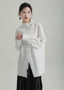 Spring Autumn Plus Size Chic Casual Blouse Ruffled Long-Sleeved Shirt Chinese-Style Asymmetrical Collar Mid-Length Shirt