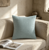 Coussin décoratif carré en lin bleu clair, aspect lin, avec rembourrage en coton PP, pour canapé, lit, maison, hôtel, logo personnalisé