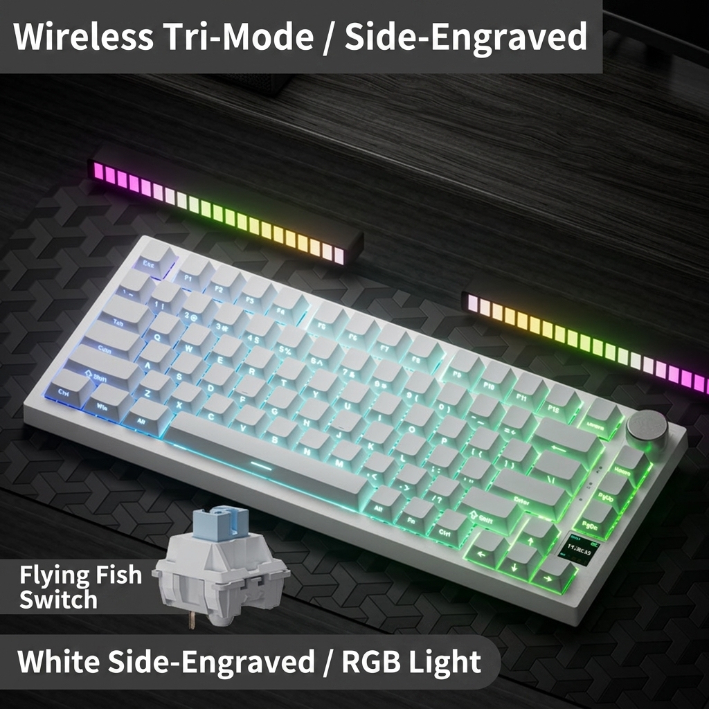 Ak820 proflyfishaxis white side-engraved pbt keycaps three-mode