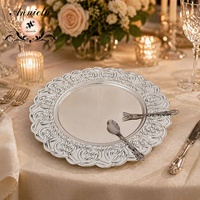 Assiette de présentation ANNIELU 13 pouces en plastique électroplaqué argenté, ajourée, réutilisable, pour décoration de table de mariage, fête ou banquet