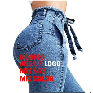 2021 Eo Cao Slim Stretch Phụ Nữ Bodycon Tua Belt Bandage Skinny Scrunch Yoga Sport Push Up Denim Jeans