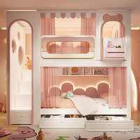 Cama litera infantil moderna con temática de princesa, con tobogán, escaleras con almacenamiento, cajones, estantería, escritorio, muebles para dormitorio infantil para niña