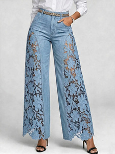 Jean large taille haute en denim floral ajouré avec empiècements en dentelle pour <span class=keywords><strong>femme</strong></span>, style Coquette, Vente en gros - Product Image 3