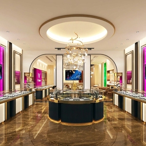 Design d'Interni per Gioielleria di Lusso, Bancone Espositivo Rotondo Personalizzato Nero e Oro con Illuminazione LED - Product Image 3