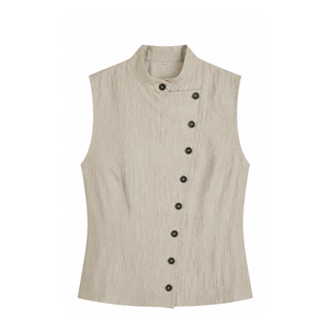 Blusa de lino sin mangas para mujer, elegante, minimalista, con cierre asimétrico, para uso diario en verano y para el trabajo. - Product Image 3