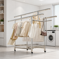 Séchoir à linge mobile double poteau en acier inoxydable sur roulettes, support de rangement autoportant pour vêtements