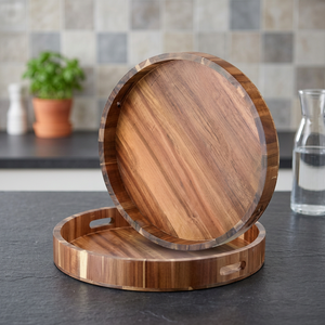 Plateau de service rond en bois avec poignée, finition polie, motif bois d'acacia, pour usage résidentiel - Product Image 2
