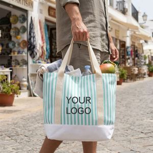 Nouveauté : Sac à main en coton recyclé, bandoulière, logo brodé personnalisé, sac fourre-tout en toile rayée pour les promenades en ville - Product Image 2