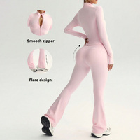 Legging High Waist Model Flare & Atasan Crop Top Ber-Ritsleting 2 Potong Set Pakaian Yoga Sensasi Nude Pengangkat Bokong Set Celana Yoga Model Flare