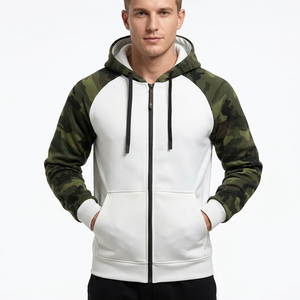 Men's Camouflage Sleeve <b>Zip</b>-<b>Up</b> Hoodie Regular Fit Casual Fleece Sweatshirt <b>White</b> Body Raglan Sleeve Winter Wear 100% Cotton - Product Image 1