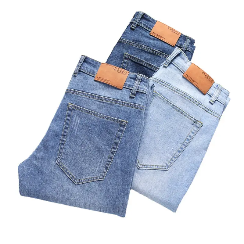 Jeans pria, gaya jalanan logo elastis logo kustom kualitas tinggi katun dicuci sedang lurus dan jeans longgar