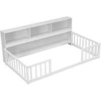 Lit double Montessori moderne multifonctionnel avec barrière, lit d'appoint double, étagères latérales, en bois, pour chambre d'enfant