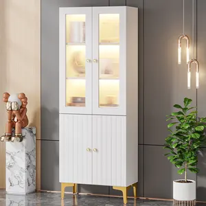 Modern minimalist accent led white wood storage display cabinet showcase with acrylic doors and 5 tier shelves for living room