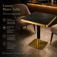 Ensemble table et chaises de bistrot en pierre frittée de luxe avec base en métal doré pour hôtel, café, restaurant, usage commercial