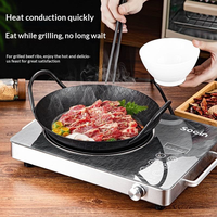 Poêle à frire ronde en fonte gaufrée, antiadhésive, à long manche, pour camping, pique-nique, barbecue, cuisson de steaks, compatible induction