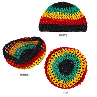 PARTYMENT Gorro de punto tipo Kufi Rasta con bordado 3D, tejido común, estilo Jamaica, elástico, color arcoíris, étnico africano, con red para el pelo