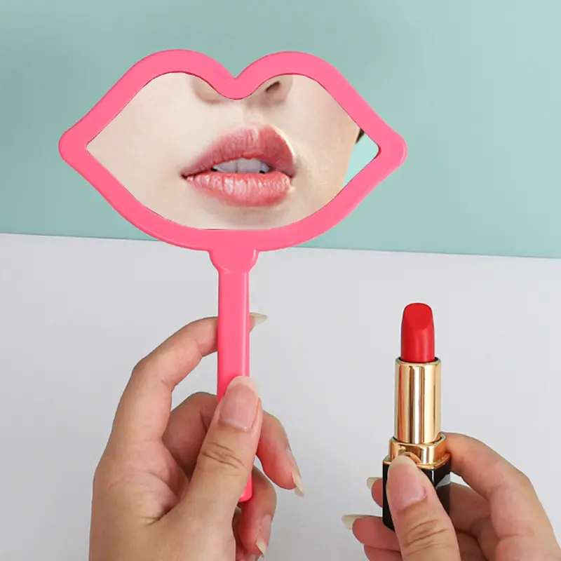 2023 New Lip Hand-held Makeup Tools Print LOGO Handle Mirror Portable Make-up Mirror DIY Mini Mirror