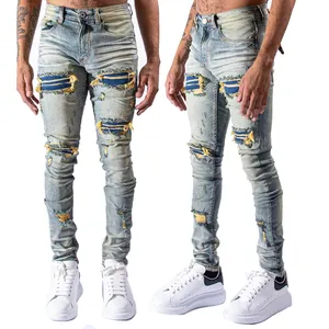 Produsen Desain Kustom Jeans Denim Pria Robek dan Lubang Slim Fit Biru Muda untuk Pria