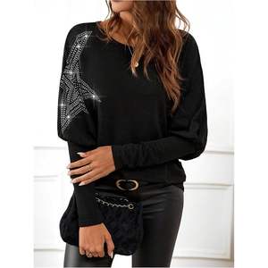 Pull en maille à manches longues pour femme, personnalisé, avec strass, col rond, décontracté, pour le printemps et l'automne, noir, taille plus, pull doux - Product Image 4