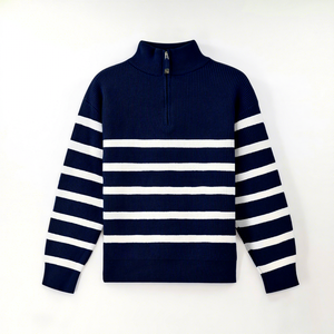 Pull en maille rayé bleu marine pour homme, col montant, coupe droite, manches longues, style nautique, idéal pour l'automne - Product Image 1