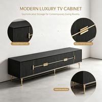 Meuble TV cannelé noir et or en gros, meuble multimédia avec rangement fermé, pieds en métal, style minimaliste, pour salon, en bois