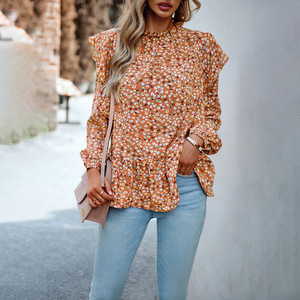 Loveda Offre Spéciale décontracté imprimé hauts col montant chemise à ourlet floral femmes élégantes en mousseline de soie <span class=keywords><strong>Blouses</strong></span> pour l'été - Product Image 5
