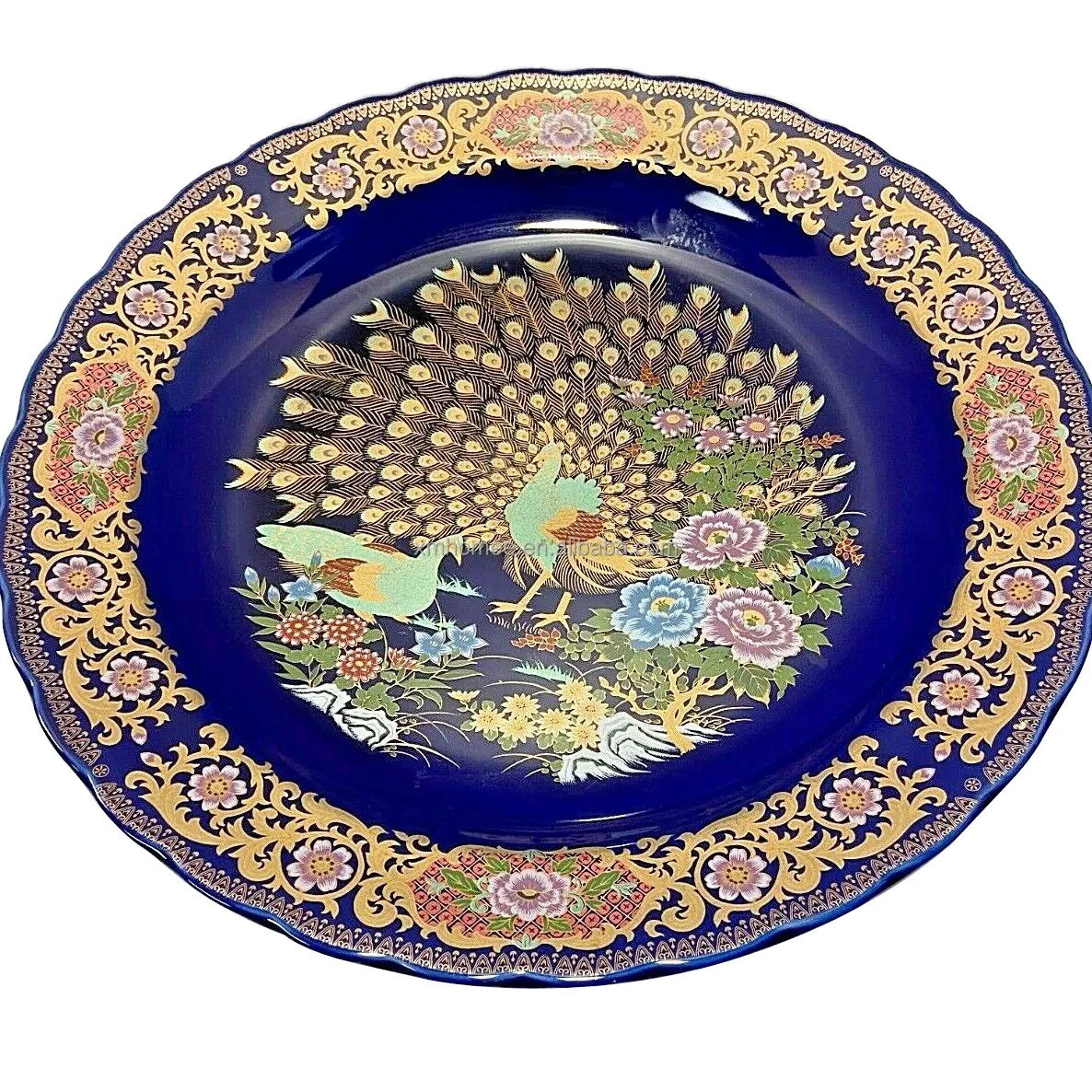 Vintage Japon Le Cobalt Bleu Or Floral Paon Plateau Vaisselle Fine Bleu Paon Plateau Assiette Plat Oiseaux Scène Chargeur Assiette