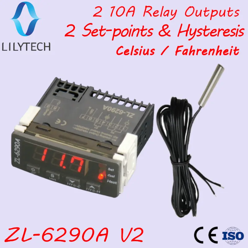 ZL-6290A,เซลเซียสฟาเรนไฮต์,ตัวเลือก,เอาต์พุตคู่10A,ITC-1000, STC-1000,ตัวควบคุมอุณหภูมิ,Lilytech,Stc-1000 12V