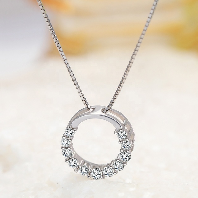 Fine Jewelry 925 Sterling Silver Simple Necklace Silver Zircon Box Chain Circle Pendant Necklace for Women