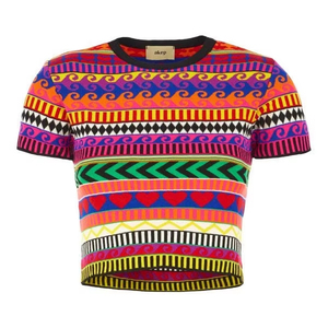 เสื้อยืดผ้าฝ้ายถักหลากสีสำหรับผู้หญิงลายเรขาคณิต - Product Image 1