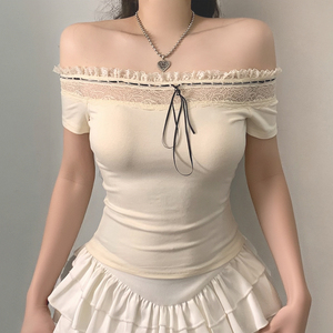 Women's Sweet Solid Color Lace <b>Patchwork</b> Collarless off Shoulder <b>Top</b> with Bow Tie Regular Fit Casual Summer Short Sleeve - Product Image 5