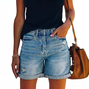 Short en jean bleu taille haute respirant pour femme 2026, coupe droite, déchiré, ourlet retroussé, style urbain tendance avec poches - Product Image 6