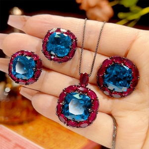 Fashion Eco-friendly Copper Wedding Sets Jewelry Set Bridal Blue Zircon With Rose Cut Surround Vintage Necklace <b>Earring</b> Ring Set - Product Image 2