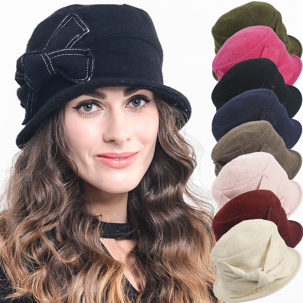 Winter Vintage Wool Felt Cloche Hat for Women with Bow Plaid Design