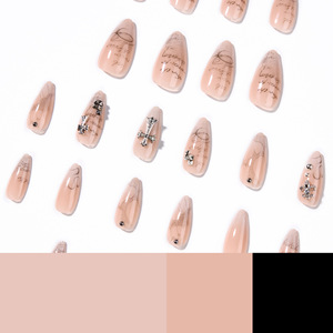 Faux ongles courts en amande à presser, couleur nude avec motif lettre, croix et <span class=keywords><strong>strass</strong></span>, pour femmes - Product Image 4
