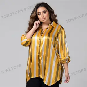 Camicia oversize donna Plus Size abbigliamento manica lunga Top senape Combo raso Solid Stripe Roll Up Sleeve donna Top camicetta