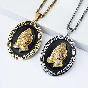 Praying Hand <b>Titanium</b> Steel Necklace For Men Oval Pendant Hip Hop Jewelry Gift - Product Image 2