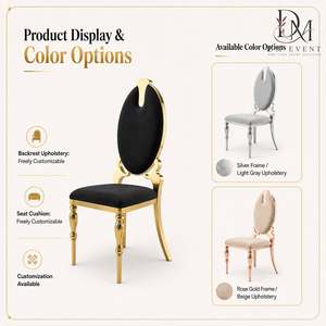 DM EVENT Custom Gold Stainless Steel Oval Back Wedding Banquet <b>Chair</b> with <b>Black</b> Upholstery for Hotel Events - Product Image 4