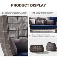 Ensemble de canapés en aluminium et corde Foshan pour terrasse, avec chaises à dossier haut et bas et coussins profonds individuels, idéal pour les conversations en extérieur