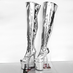 Handmade women's western silver chrome over-<b>knee</b> boots with <b>high</b> heels and thick soles, exotic style dance shoes - Product Image 6