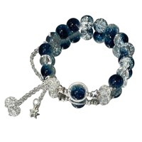Bracelet pendentif esthétique tendance, 2 couches de perles en verre craquelé bleu, bracelet réglable, bijoux pour femmes à porter au quotidien