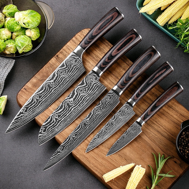 Damascus Laser Patterns Kitchen Japanese Knives set with Pakka Color Wood Handle Stainless Steel