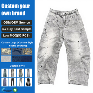 Pantalon en jean streetwear pour garçons, design patchwork imprimé et délavé sur mesure, jean écologique à jambe large de haute qualité, gris - Product Image 1
