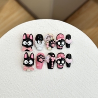 Faux ongles à presser personnalisables faits main, motif patte de chat 3D Kawaii, rose et noir, style gothique, forme cercueil, à coller