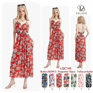 Robe longue décontractée d'été en mousseline de soie à imprimé floral pour femme Dolado, col halter, sans manches, coupe ample, taille naturelle, ourlet droit - Product Image 1