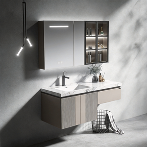 <span class=keywords><strong>Meuble</strong></span>-lavabo mural gain de place aux proportions équilibrées, avec panneau cannelé et étagères ouvertes, en tons neutres - Product Image 4